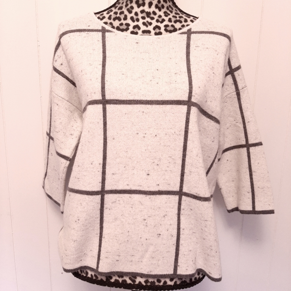 Eileen Fisher 3/4-Sleeve Peppered Windowpane Box Top Sz Small